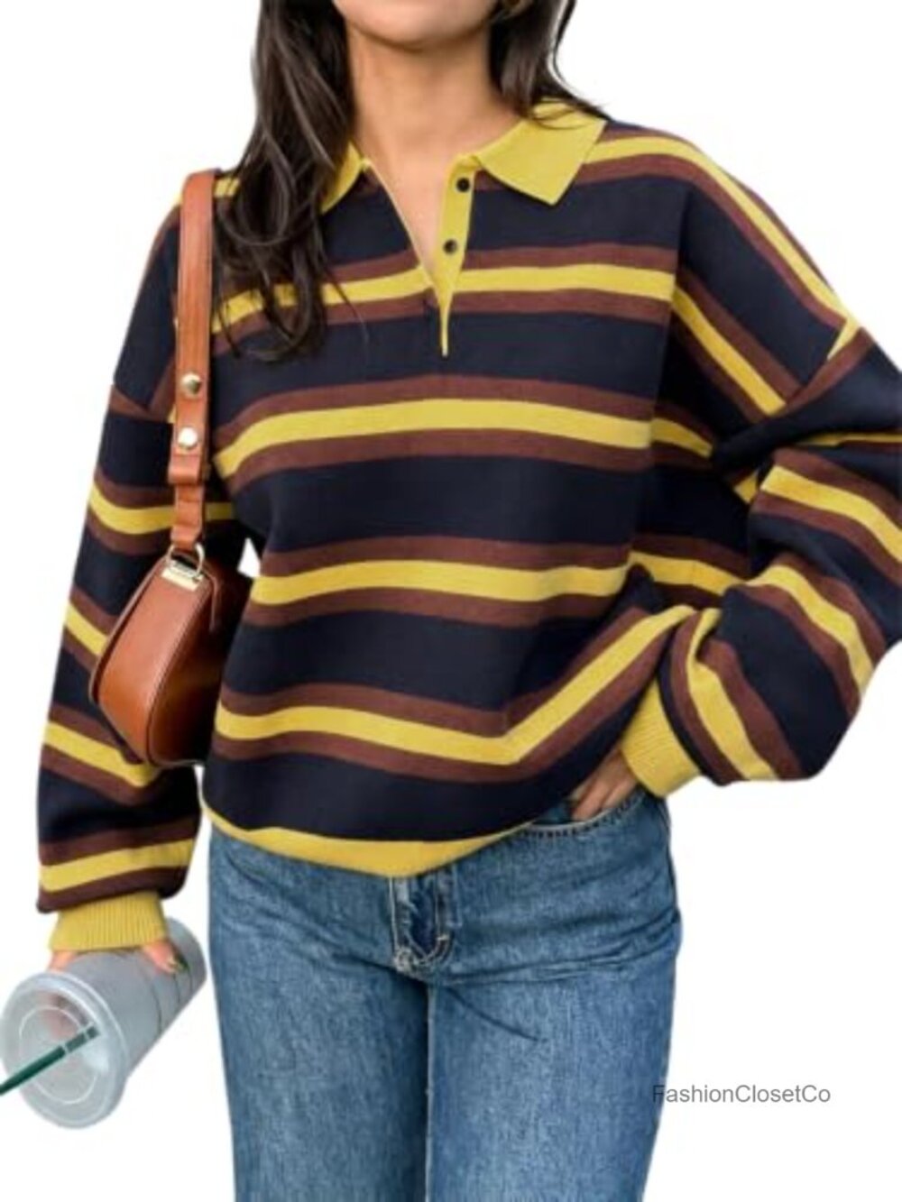Striped Polo Knit Sweater Long Sleeve Lightweight Pullover